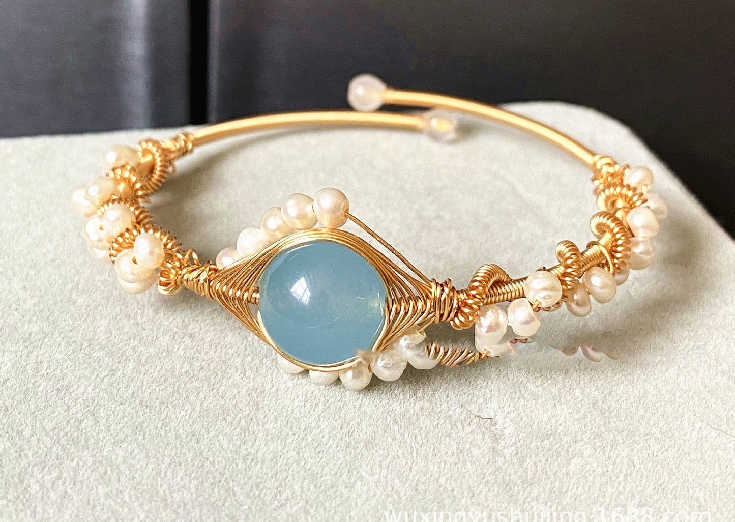 14K Gold Wrapped Handmade Natural Sapphire White Pearl Bracelet