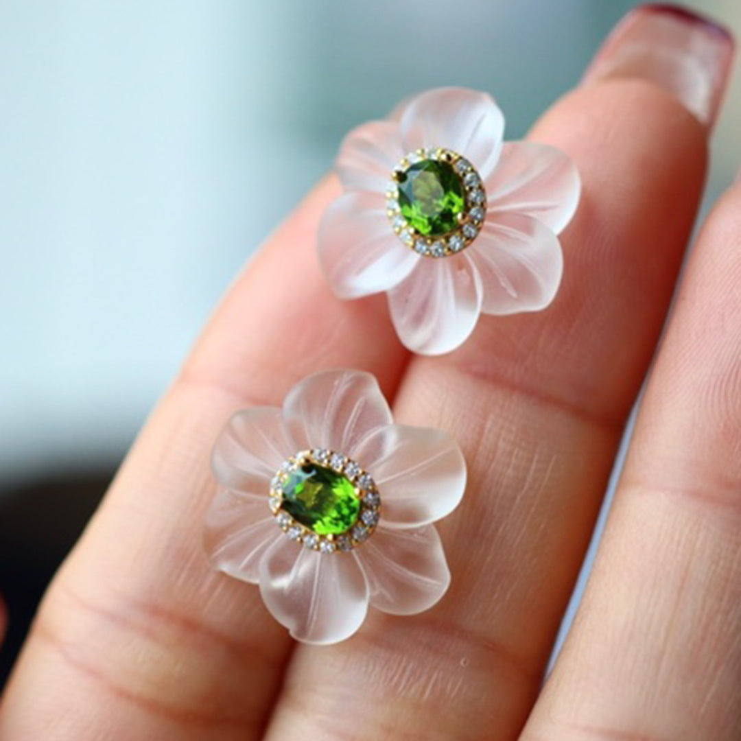 Natural White Crystal Carved Stud Earrings