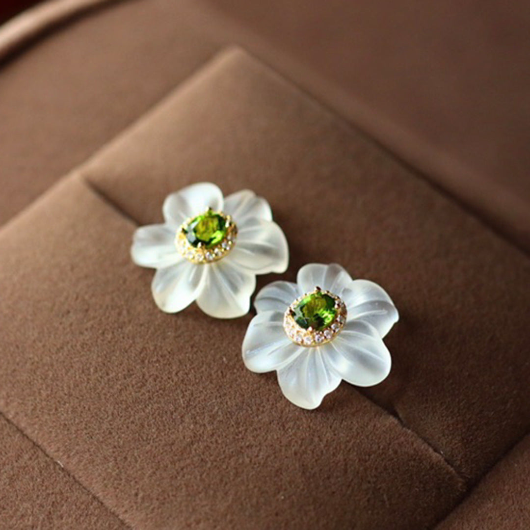 Natural White Crystal Carved Stud Earrings