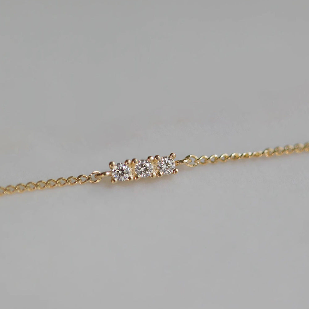 Minimalist Bracelet 925 Sterling Silver Gold Plated Three Diamond Micro Inlaid