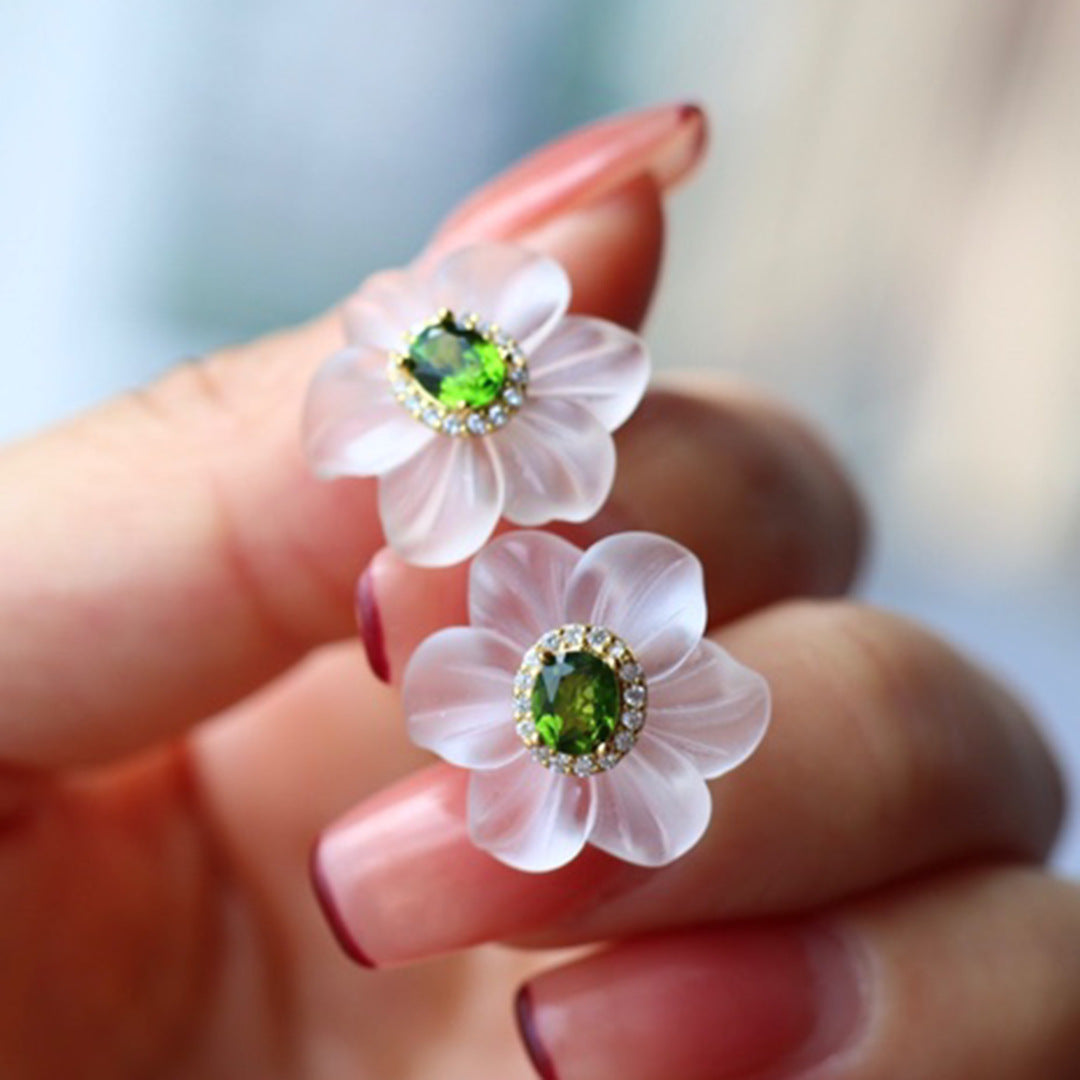 Natural White Crystal Carved Stud Earrings