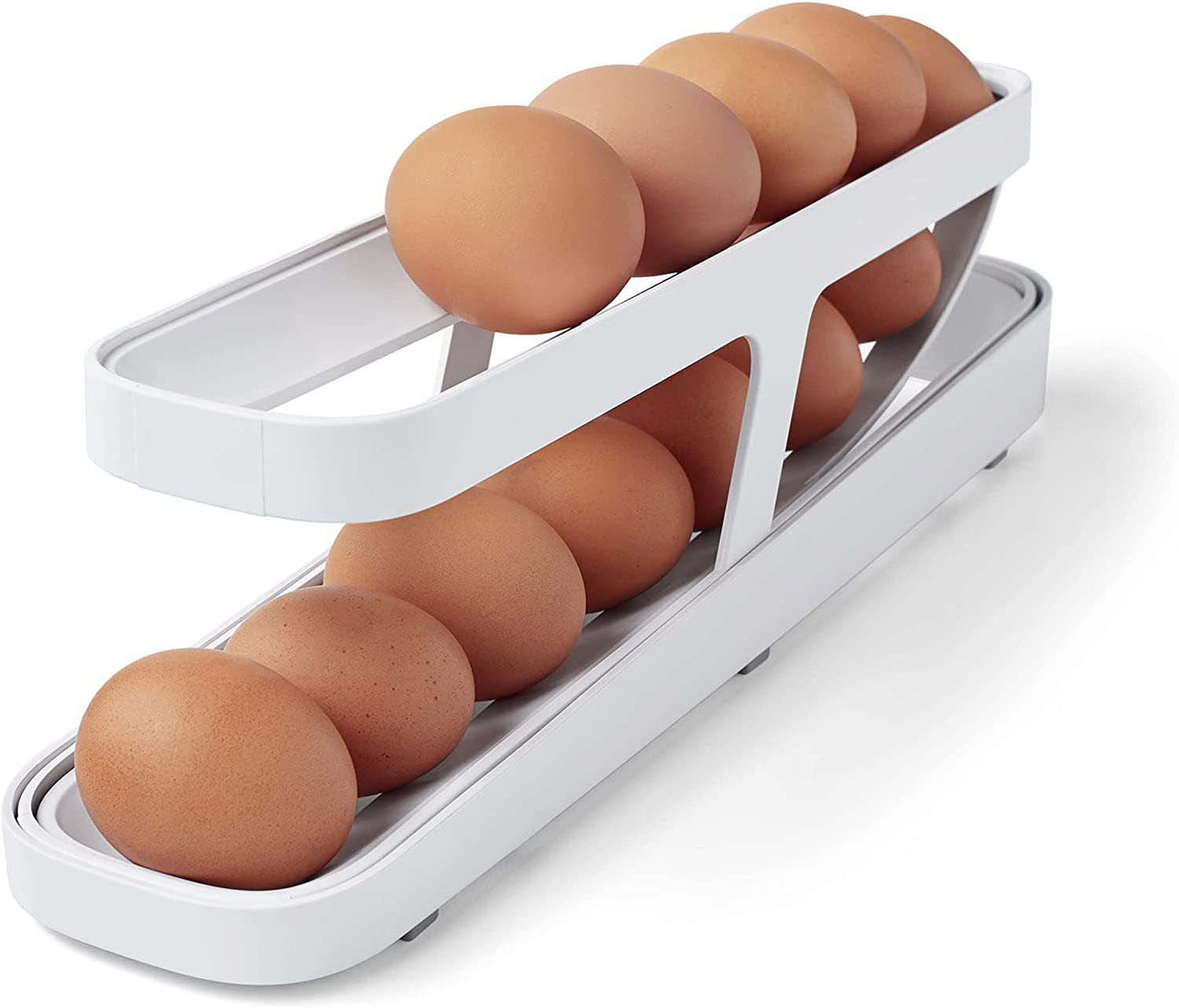 Close-up view of the Automatic Rolling Egg Dispenser's two tiers holding a dozen eggs.