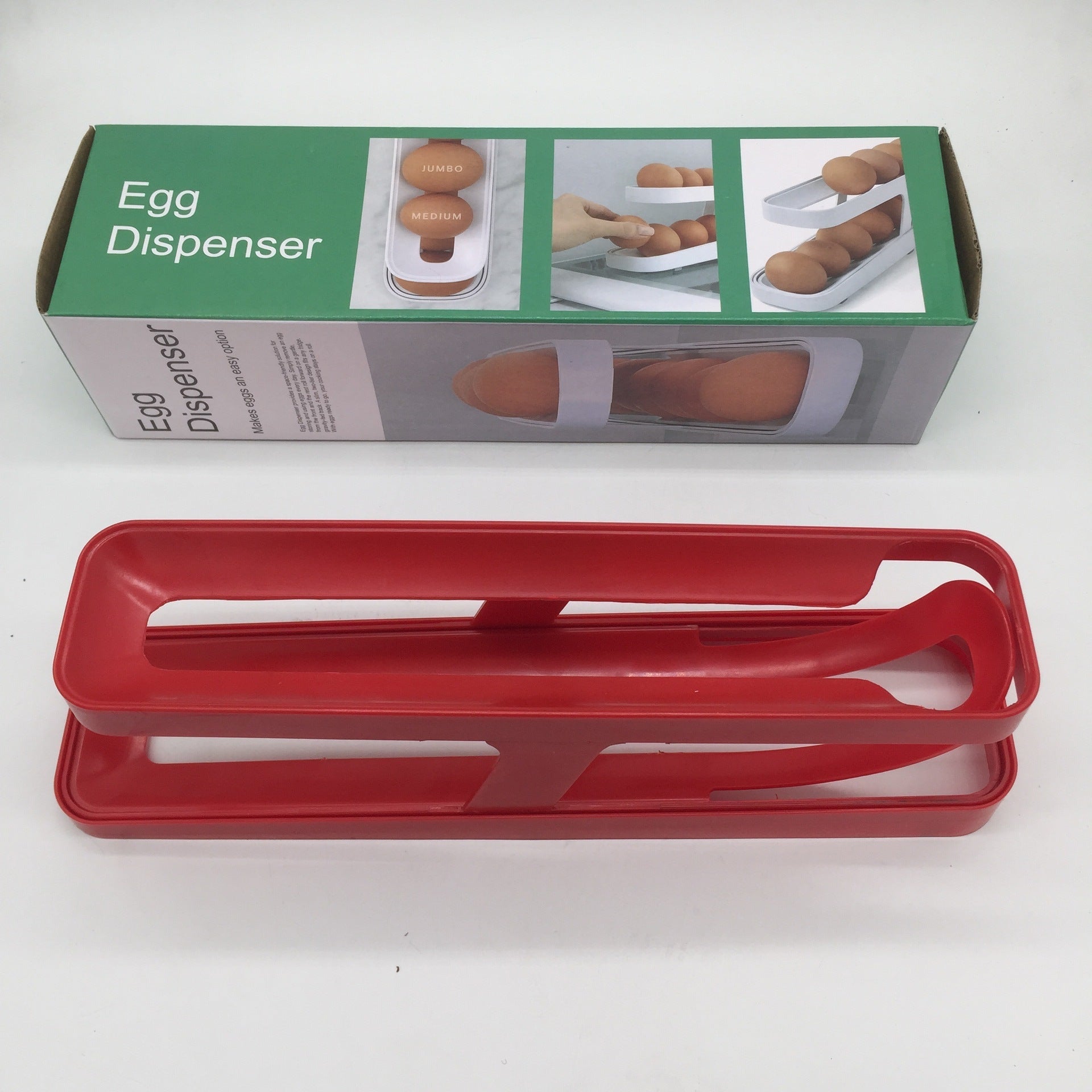 Close-up view of the Automatic Rolling Egg Dispenser's two tiers holding a dozen eggs.