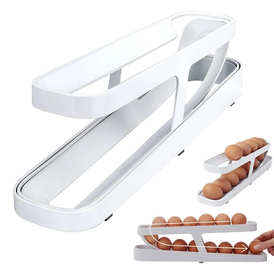 Close-up view of the Automatic Rolling Egg Dispenser's two tiers holding a dozen eggs.