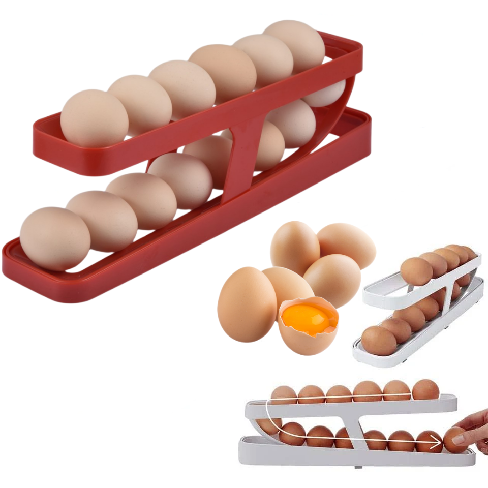 Close-up view of the Automatic Rolling Egg Dispenser's two tiers holding a dozen eggs.