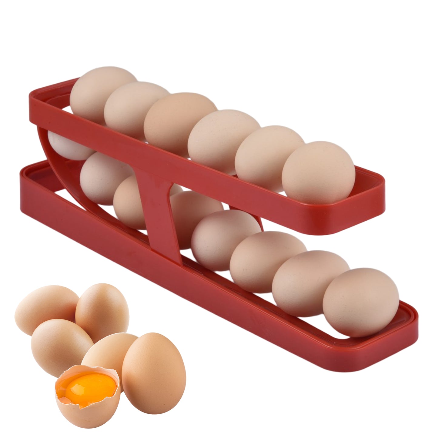 Close-up view of the Automatic Rolling Egg Dispenser's two tiers holding a dozen eggs.