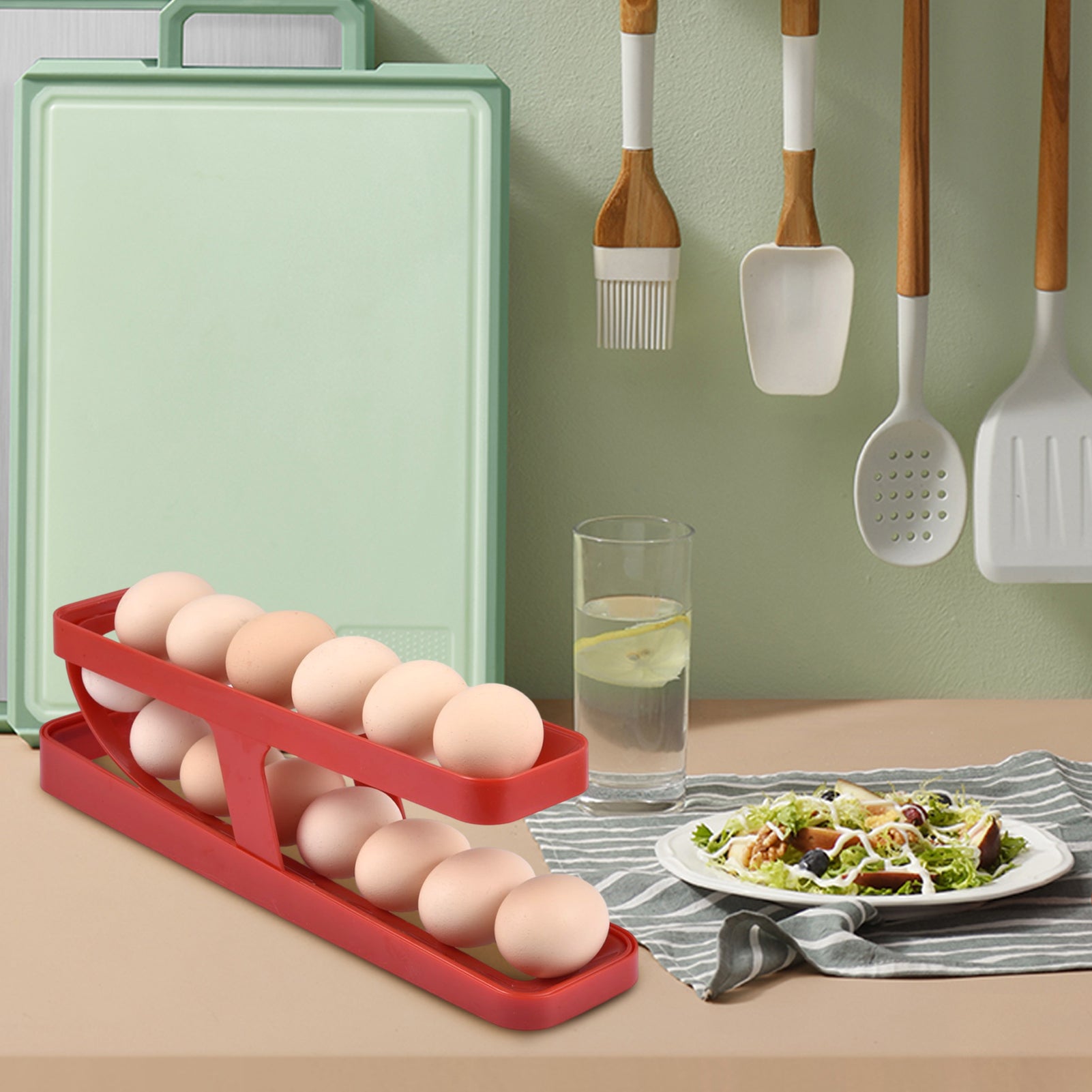 Close-up view of the Automatic Rolling Egg Dispenser's two tiers holding a dozen eggs.